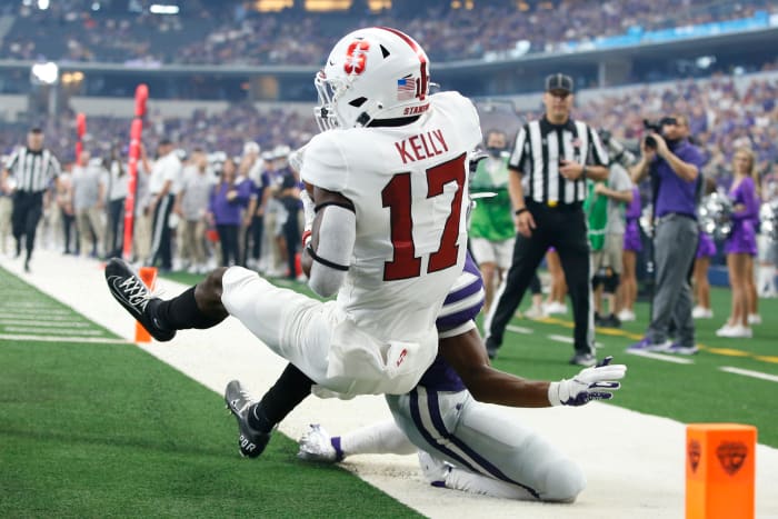 Stanford Cardinal cornerback Kyu Blu Kelly (17) makes an interception against Kansas State Wildcats wide receiver Phillip Brooks (88) in the first quarter at AT&T Stadium.